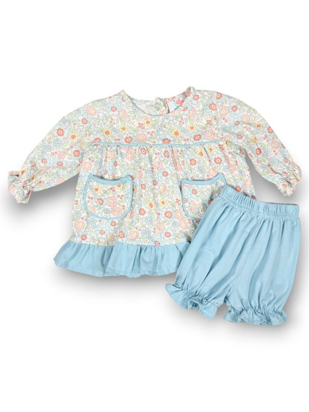 Stitchy Fish Baby Girl Blue Floral Bubble Dress + Bloomers Outfit Set 3m + 6m